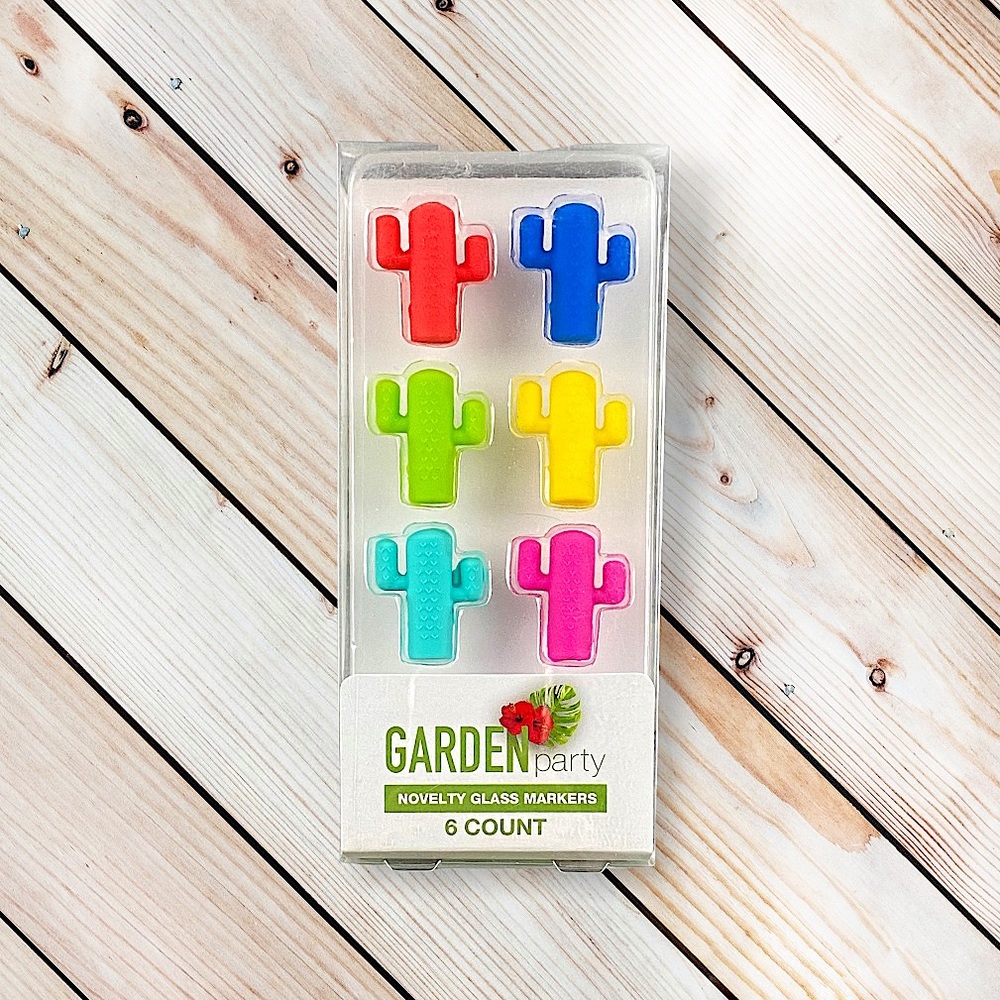 NWT Cactus Novelty Glass Markers Garden Party Set of 6 Fun Drinks Cocktails Wine